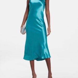 Galvan London Sienna Satin Halter Neck midi dress in teal blue